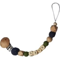Attache Sucette En Bois Kaki Et Bleu Nuit (personnalisable)
