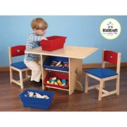 Bébé Rêves Promos Magasin -Bébé Rêves Promos Magasin ensemble table avec 4 bacs de rangement et 2 chaises bleu et rouge 2