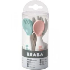 Beaba Lot De 10 Couverts En Silicone Vert D'eau, Gris Et Rose