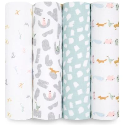 Aden + Anais Lot De 4 Maxi Langes En Coton Alphabet Animals (112 X 112 Cm) 1 Aden + Anais Lot De 4 Maxi Langes En Coton Alphabet Animals (112 X 112 Cm)