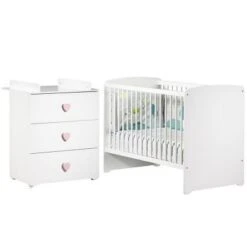 Pack Duo Lit Bébé Têtes Panneaux Blanc Et Commode à Langer Coeur Rose New Basic